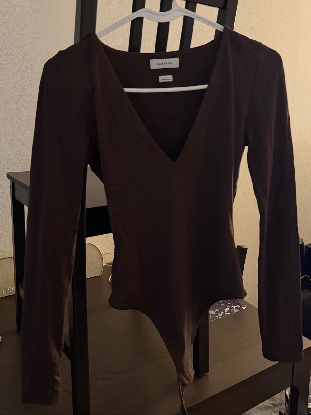 Aritzia Babaton Long Sleeve V-Neck Bodysuit - Dark Brown